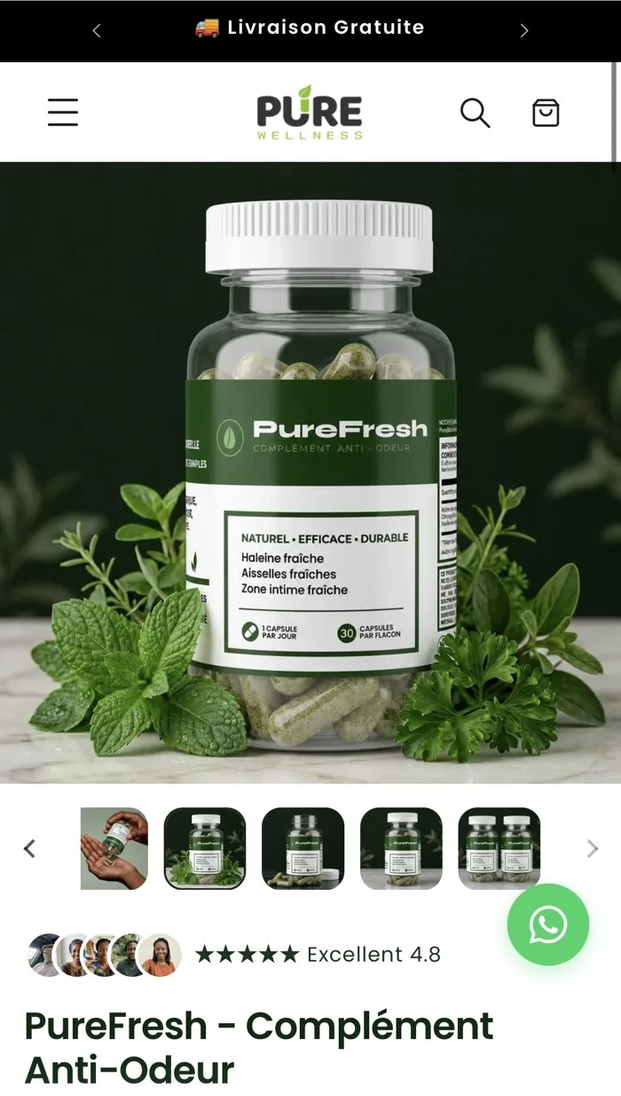 Page produit PureFresh sur la boutique purewellness.africa, vue sur téléphone